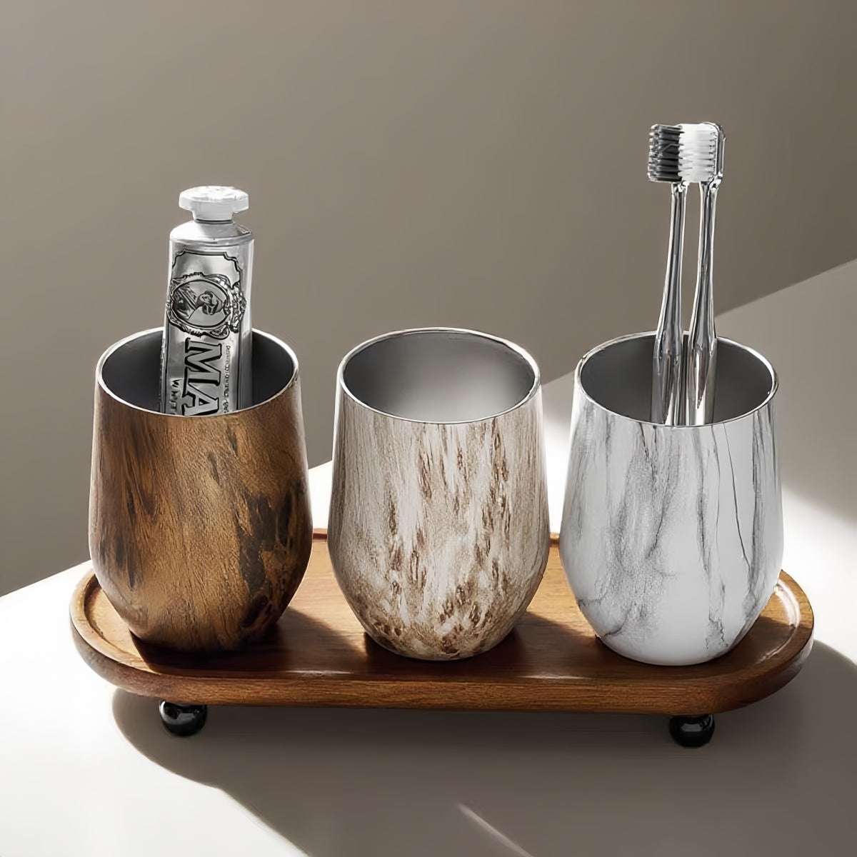 Solid wood toothbrush holder with Nordic vintage design for organized bathroom storage