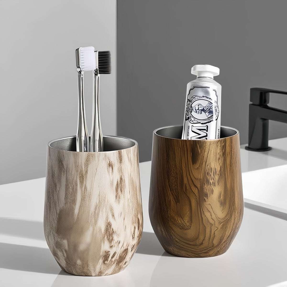 Solid wood toothbrush holder with Nordic vintage design organizing toothbrushes toothpaste and mouthwash cups