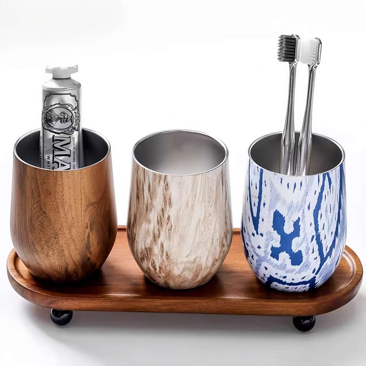 Solid wood toothbrush holder with Nordic vintage design organizing toothbrushes and toothpaste compactly