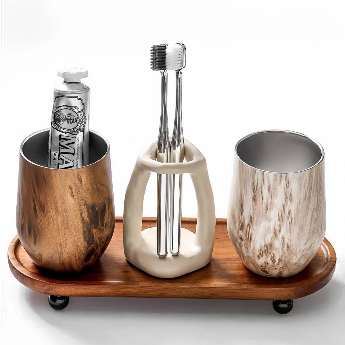 Solid wood toothbrush holder and toothpaste storage rack with Nordic vintage design for bathroom organization