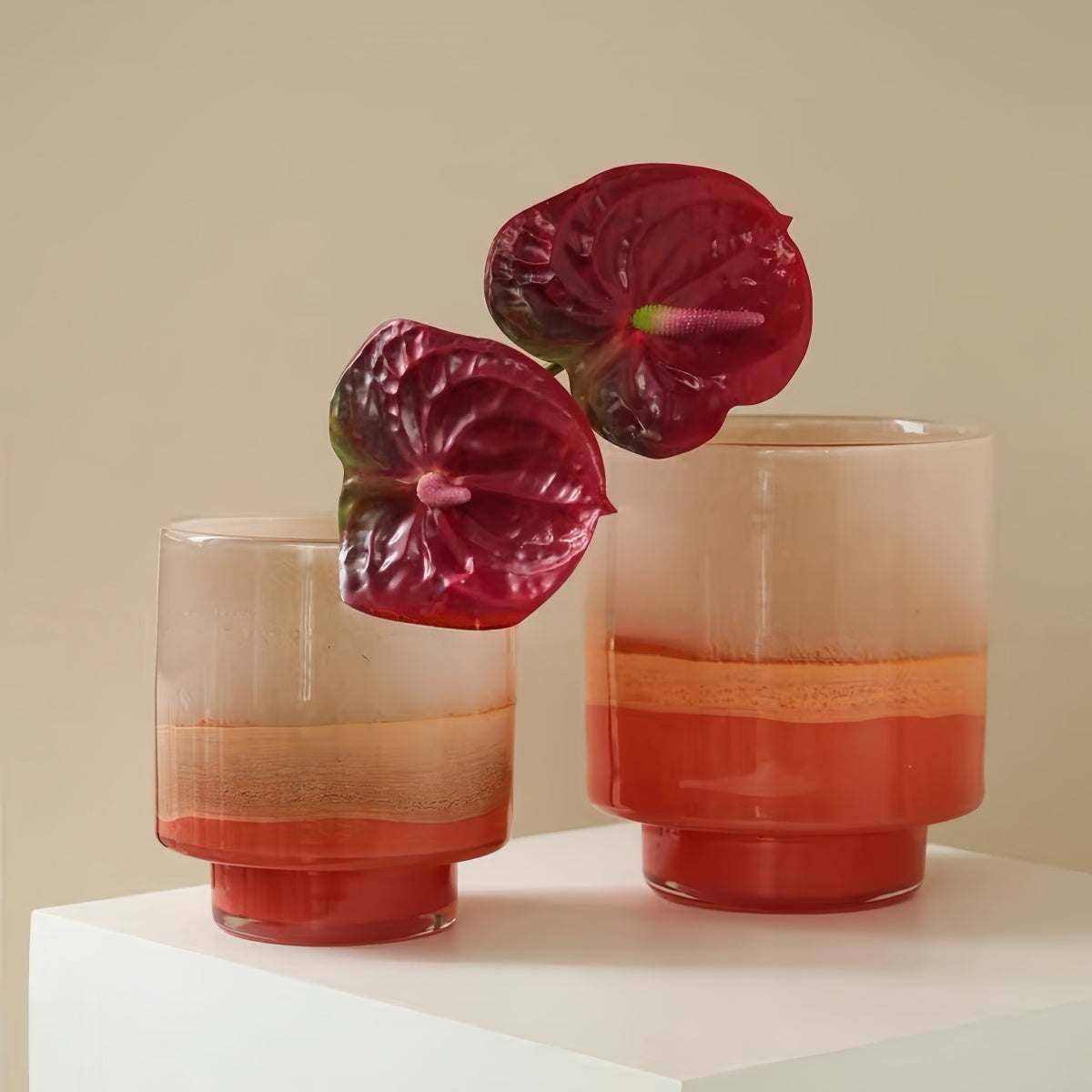 Gradient Nordic vintage hand-blown glass vase with orange-pink tones and unique handcrafted design