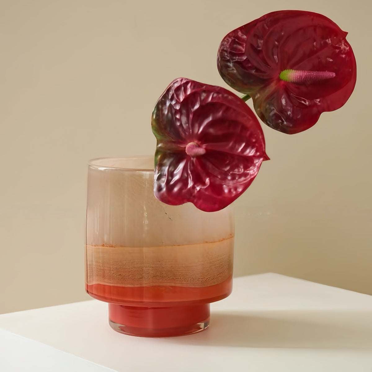 Gradient Nordic vintage hand-blown glass vase with orange-pink color transition for home décor