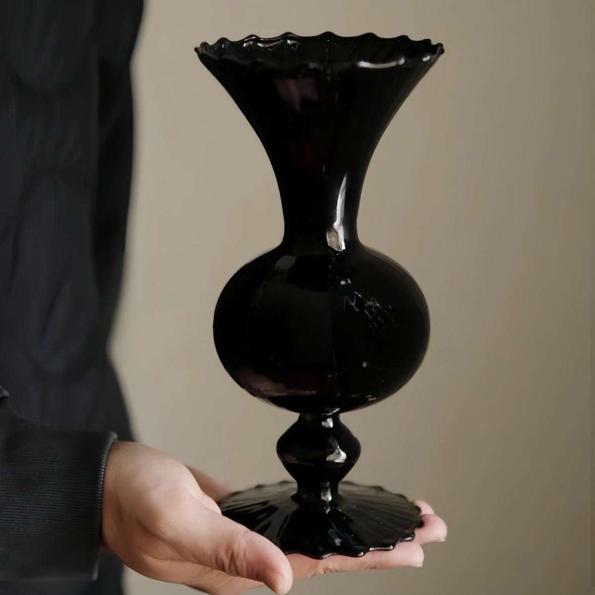 Vintage black glass vase with dark smoked finish for elegant living room decor