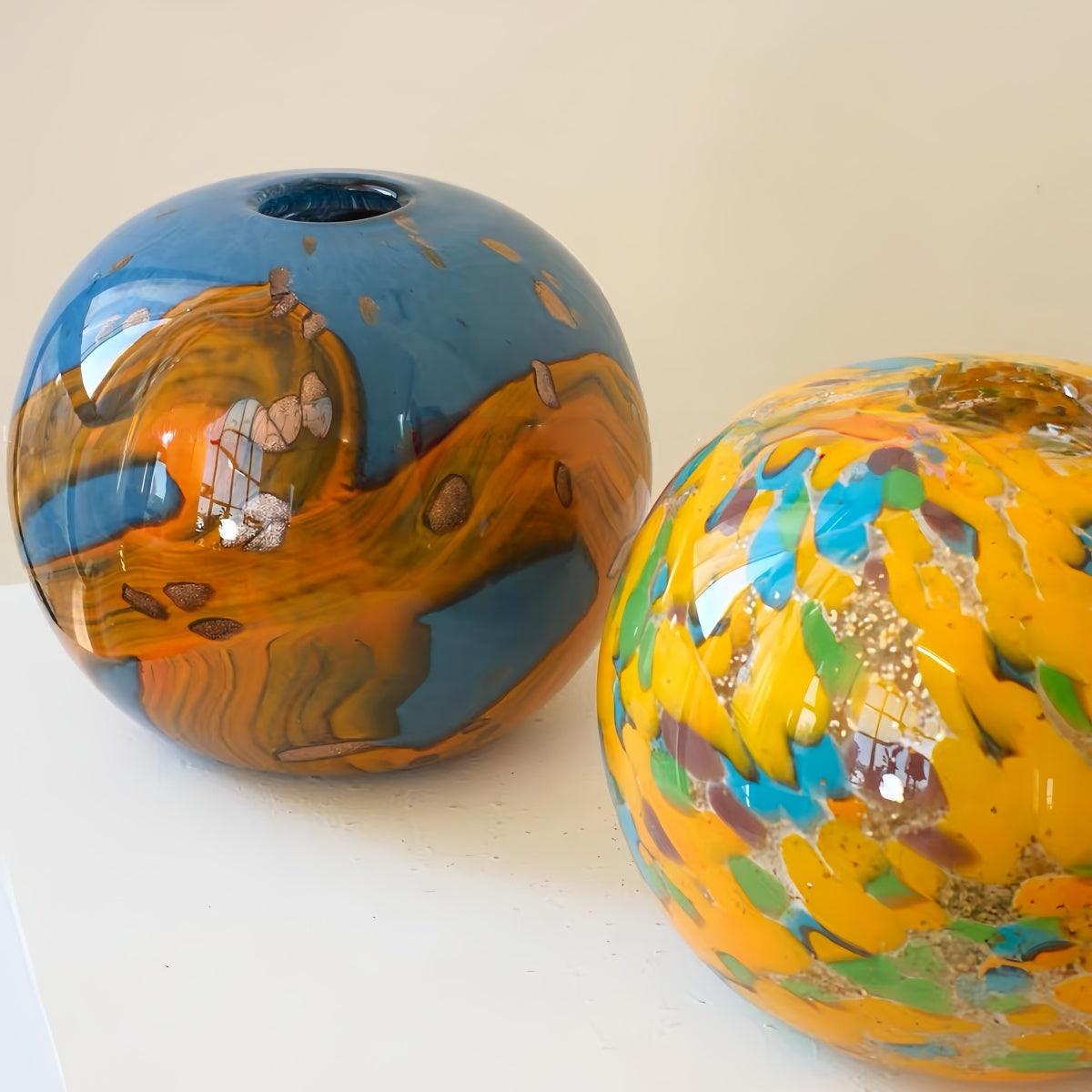 Handmade spherical textured art glass vase with vintage design and layered finish for elegant decor