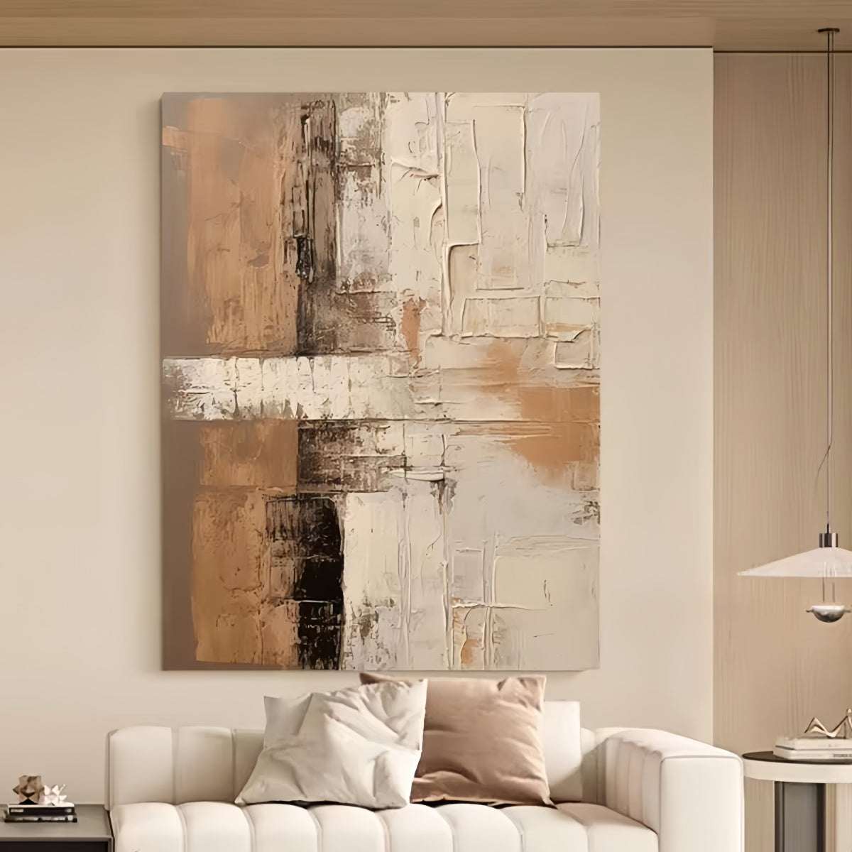 Hand-painted oil painting on cotton-linen canvas with warm abstract minimalist design for living room decor