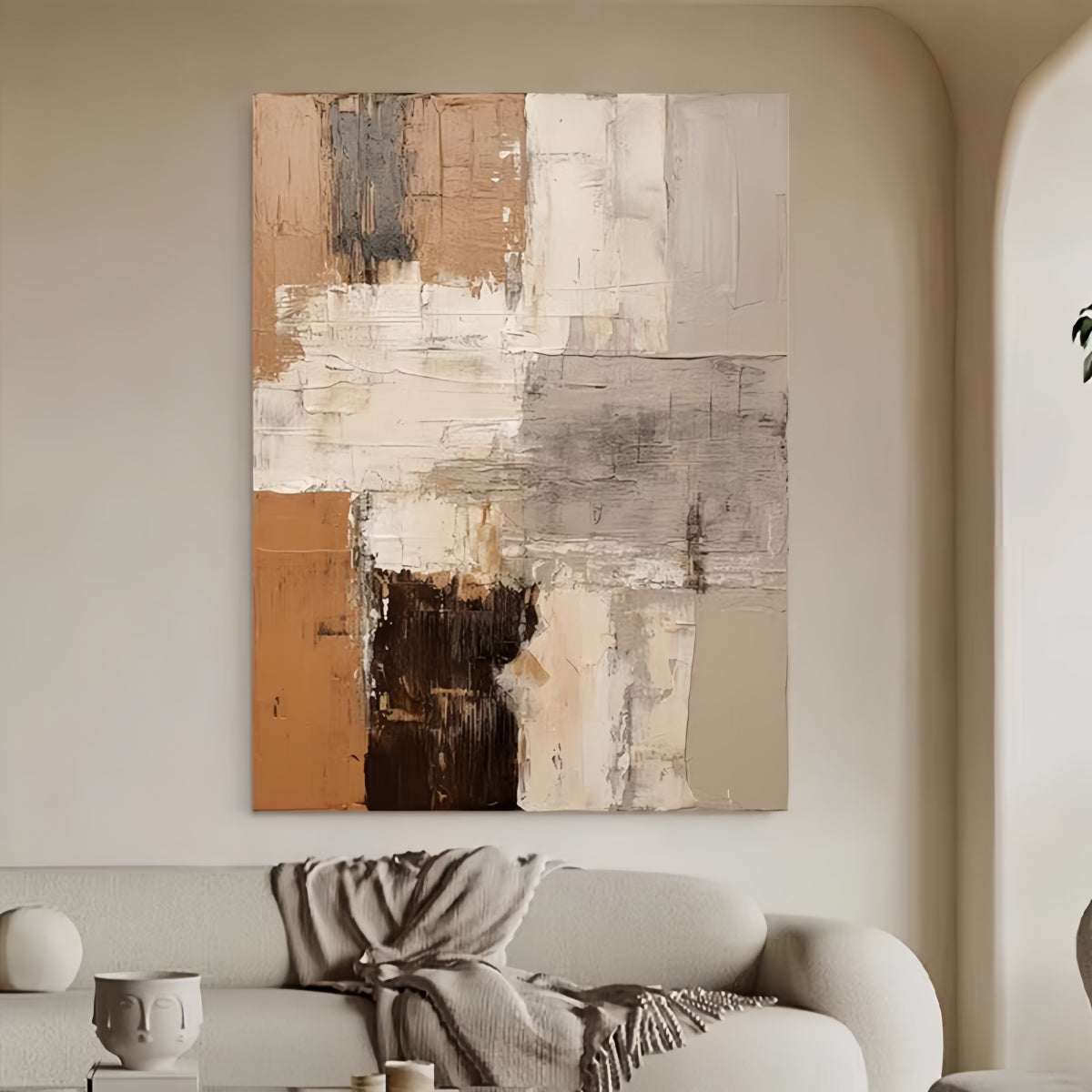 Hand-painted oil painting on cotton-linen canvas with warm textures for modern minimalist living room decor