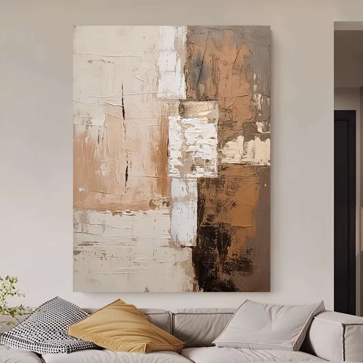 Hand-painted oil painting on cotton-linen canvas with warm modern minimalist abstract design for living room wall art