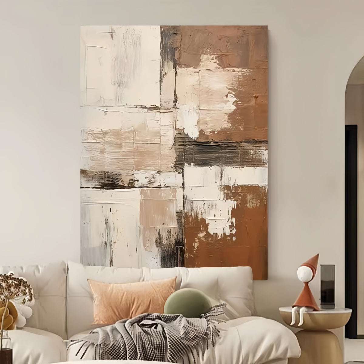 Hand-painted oil painting on cotton-linen canvas with warm modern minimalist abstract design for living room decor