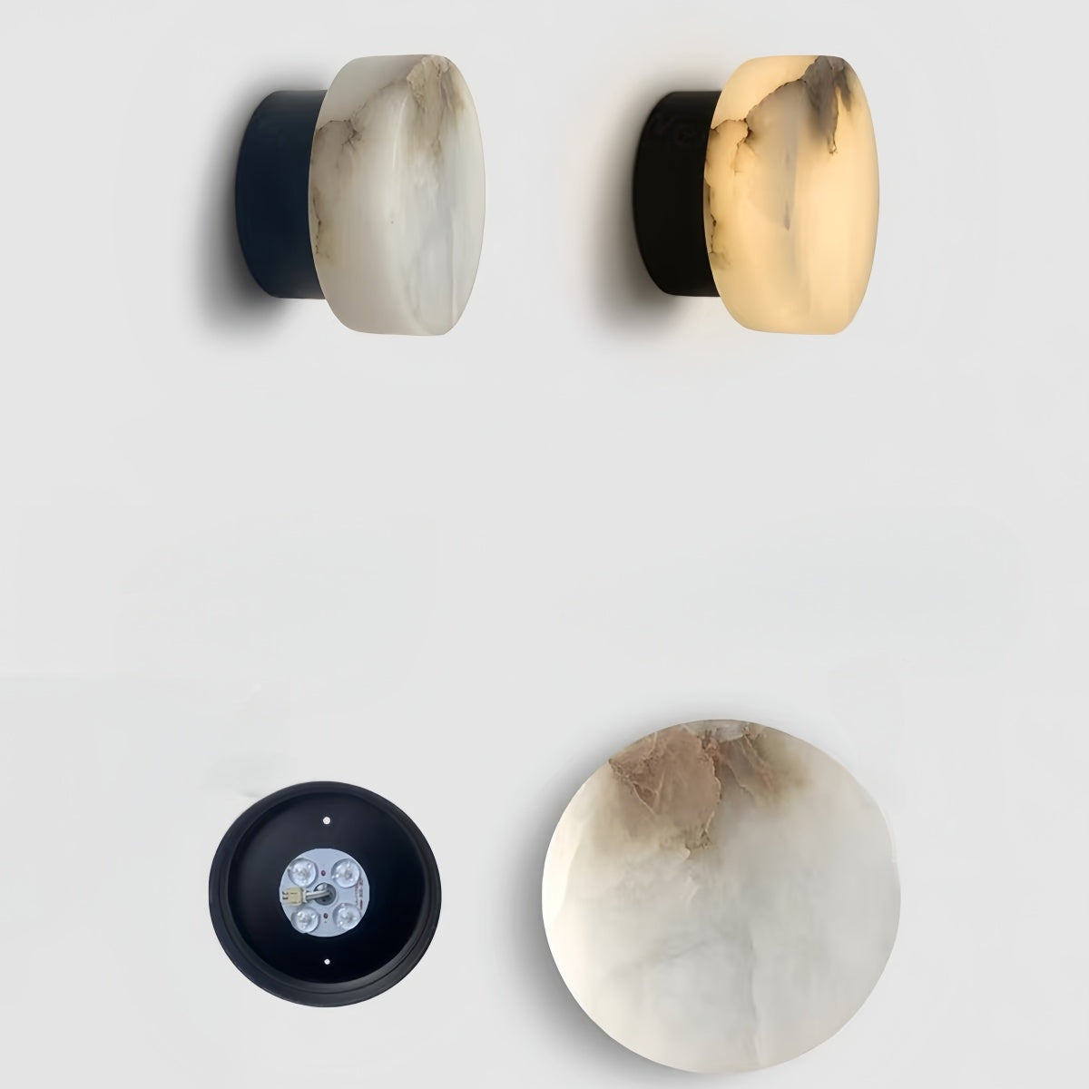 Natural onyx wall lamp with minimalist round design and warm cream glow