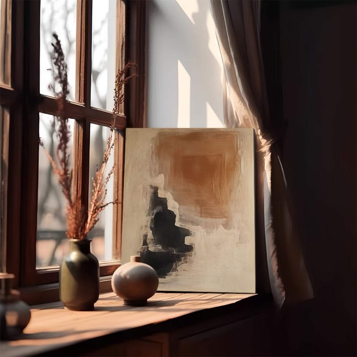 Vintage hand-painted abstract Wabi-Sabi oil painting on textured canvas for sophisticated home décor