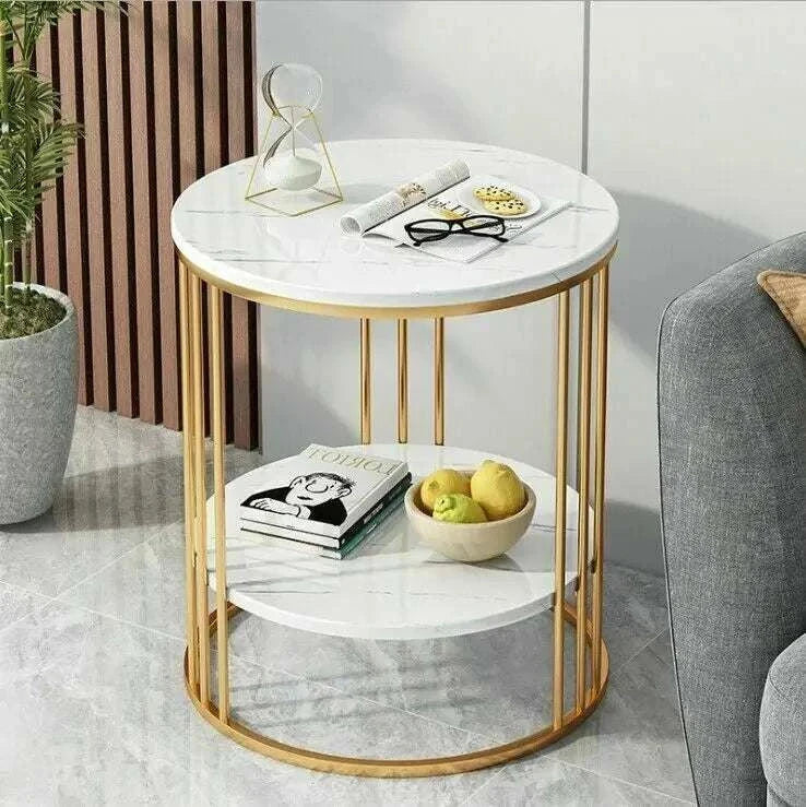 2-tier white marble sofa side table with golden frame and round tiers for living room or office
