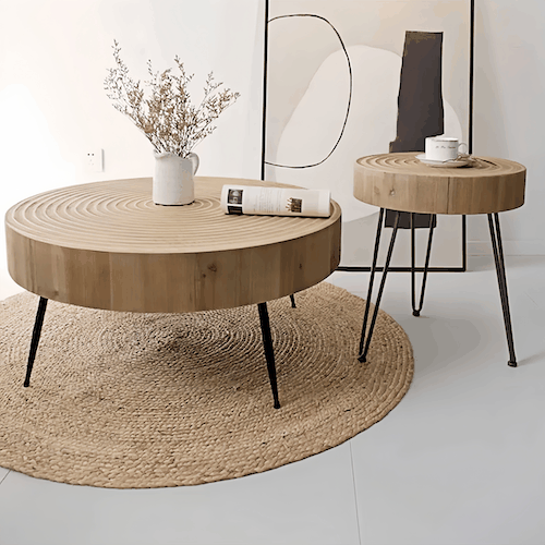 minimalist modern round side tables with wooden tops and metal legs in a contemporary living space