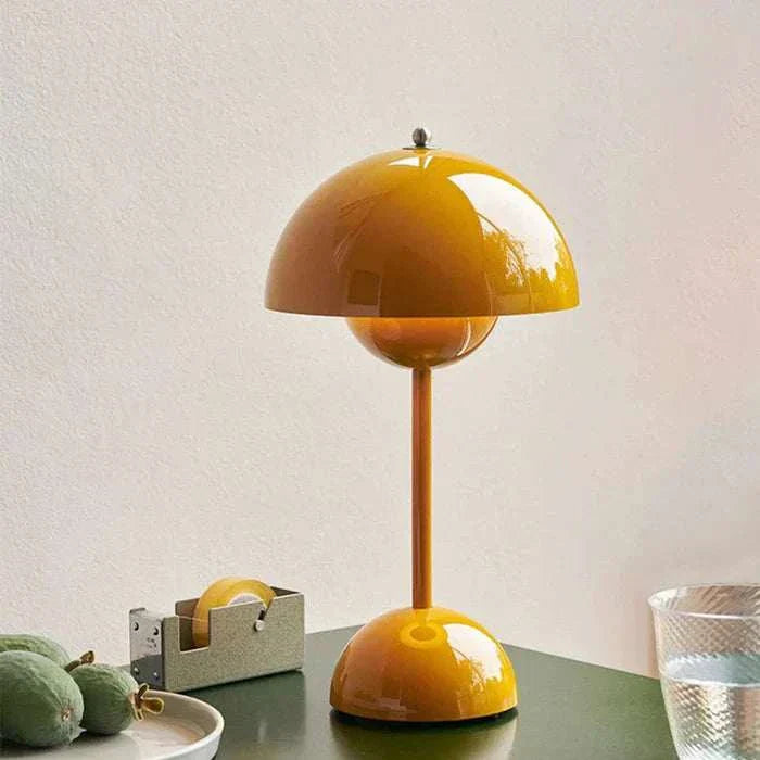 Yellow Scandi Table Lamp with mushroom shade and adjustable LED light on desk