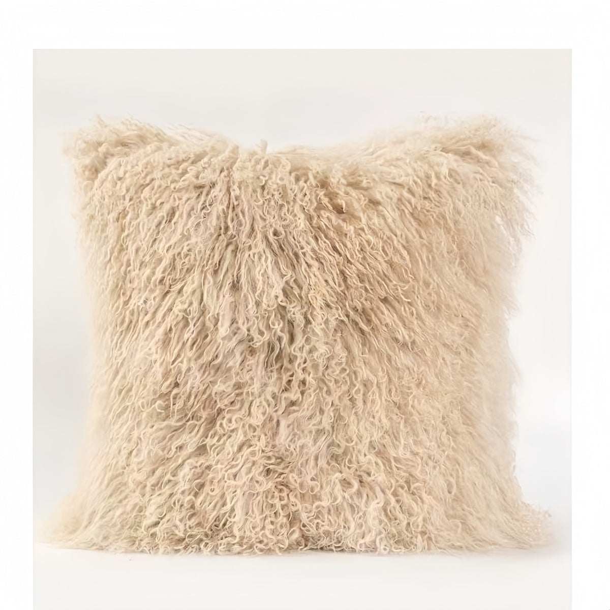 Modern minimalist burgundy lamb wool throw pillow with plush texture and full, fluffy design for sofas and beds