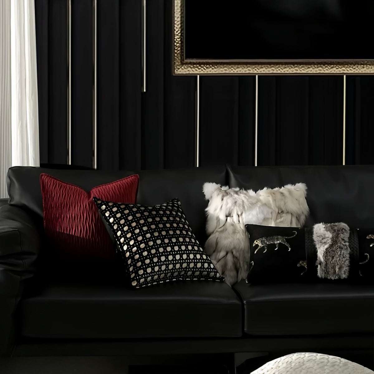Zhūsha Luxury Imported White Fox Fur Throw Pillow on a sofa with soft, plush white fur for elegant home decor